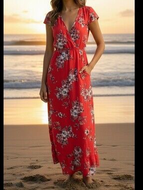 Floral Red Wrap Maxi Dress with Tie Waist And Pockets